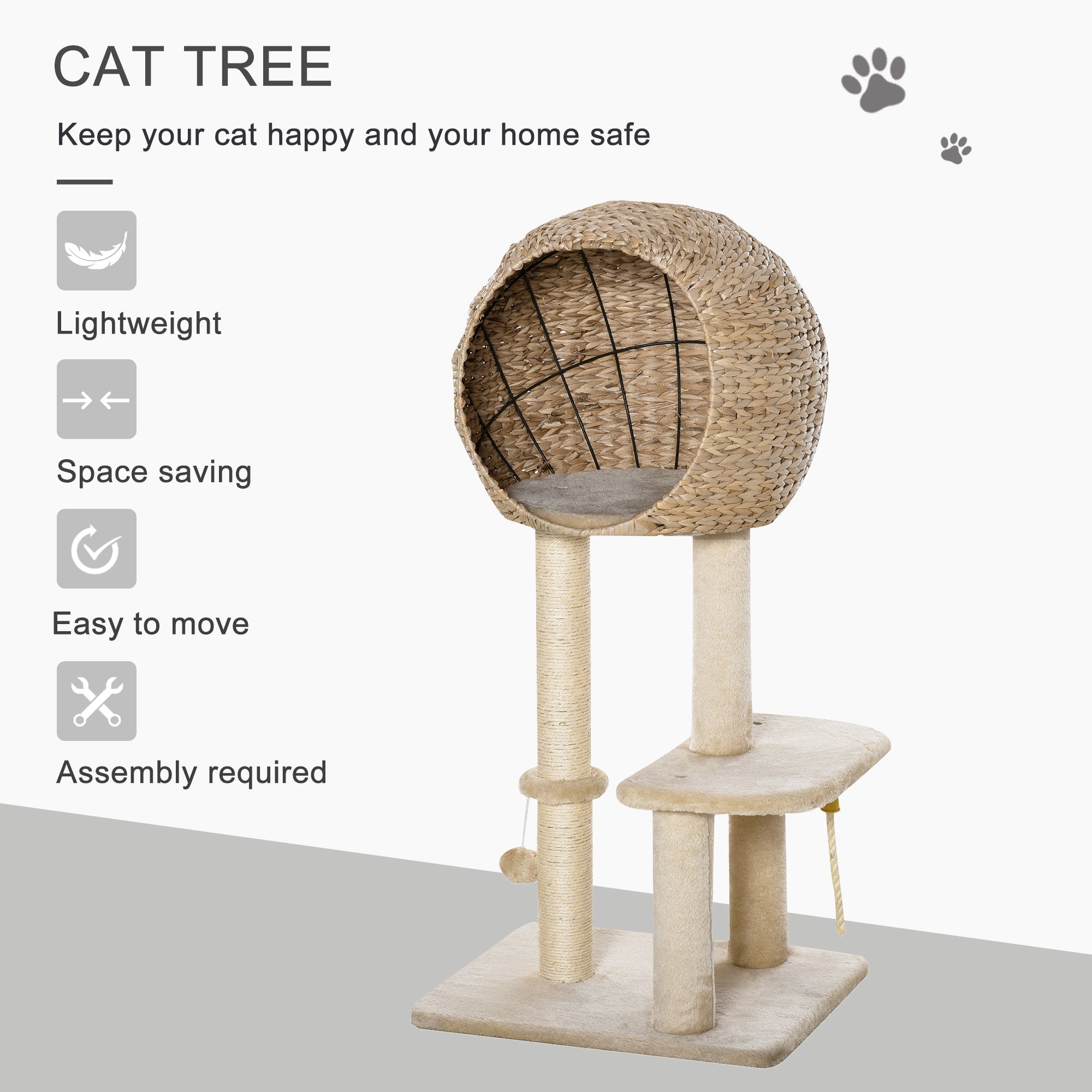 CozyClimb 39’’ beige woven spherical cat tree with sisal scratching post