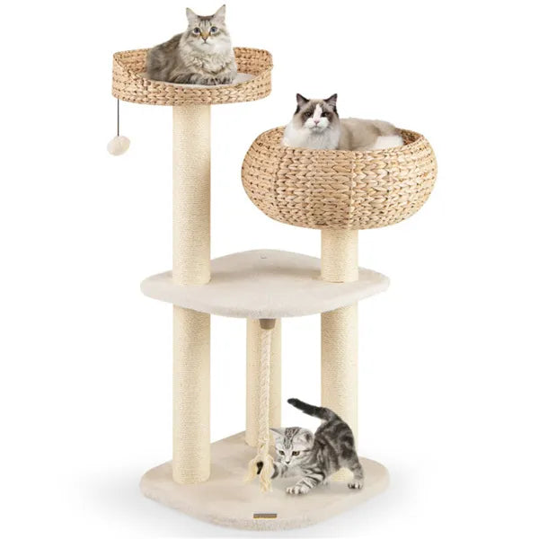 HyacinthClimb 41in white woven wicker cat tree with hammocks and sisal posts