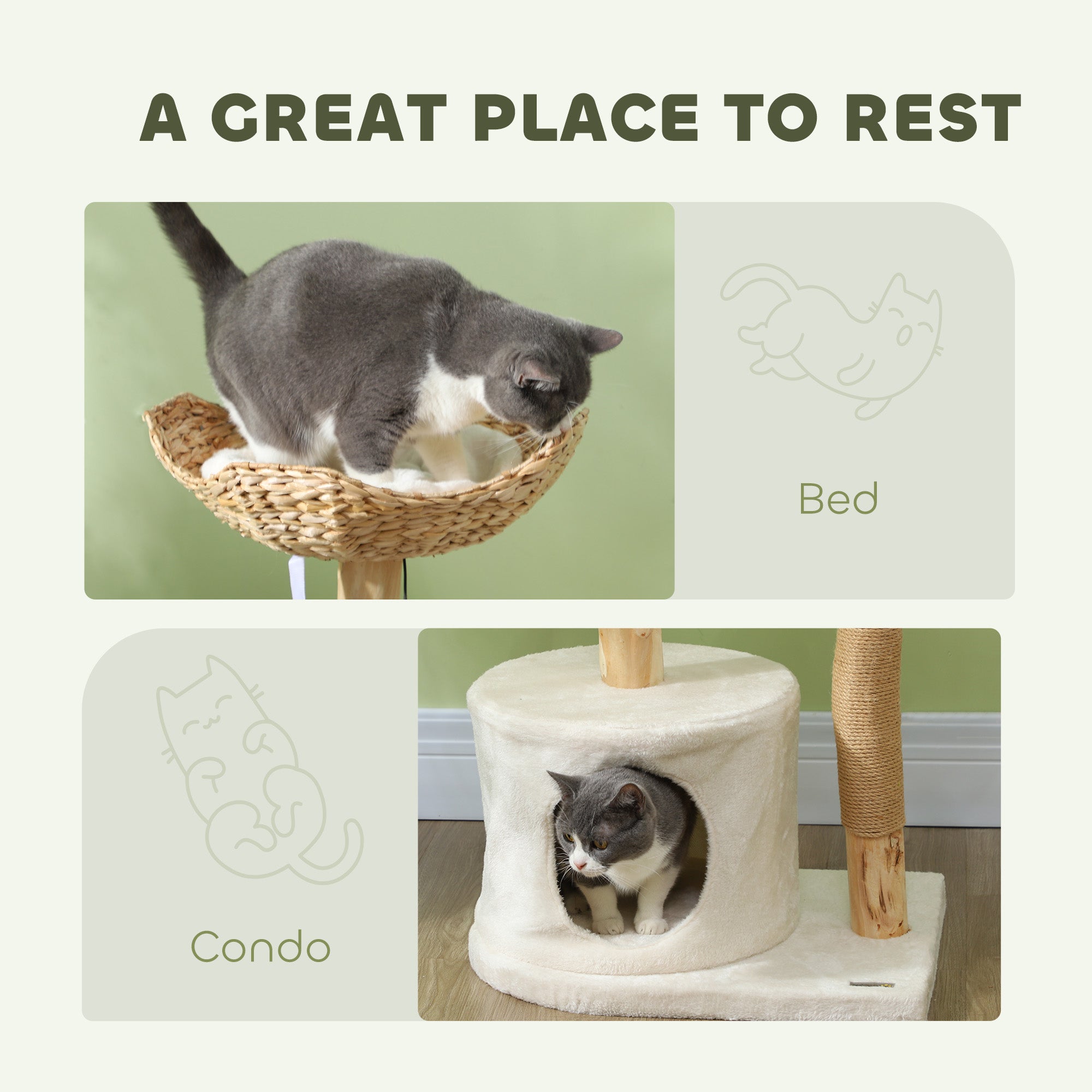 SafeWood 37’’ modern cat tree with cozy cream condo and wood scratching post
