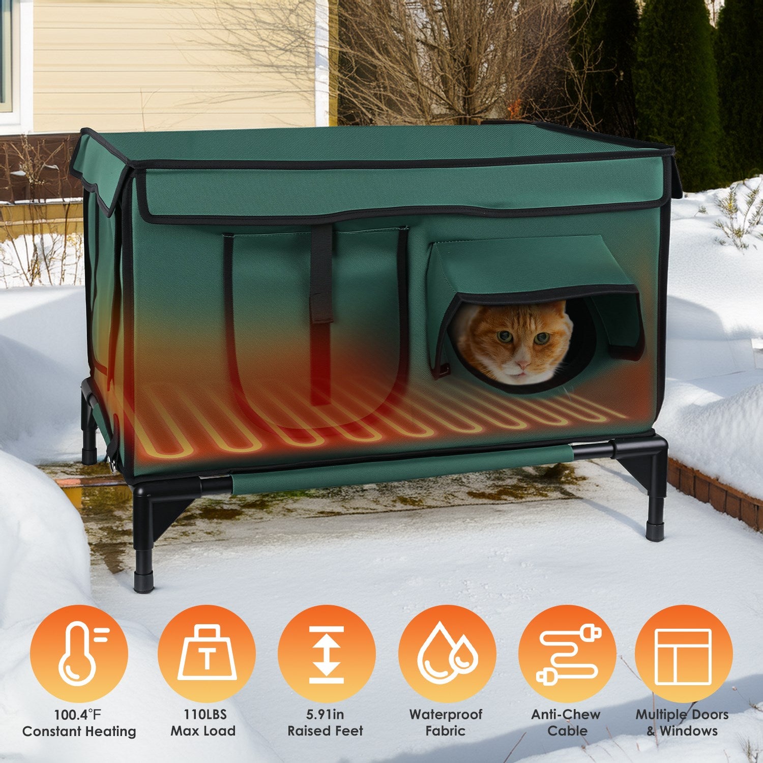 WarmHaven waterproof heated cat house in green with black frame for orange tabby