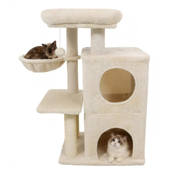 SafeClimb 33.5’’ beige plush cat tree with hammock, condo, sisal posts