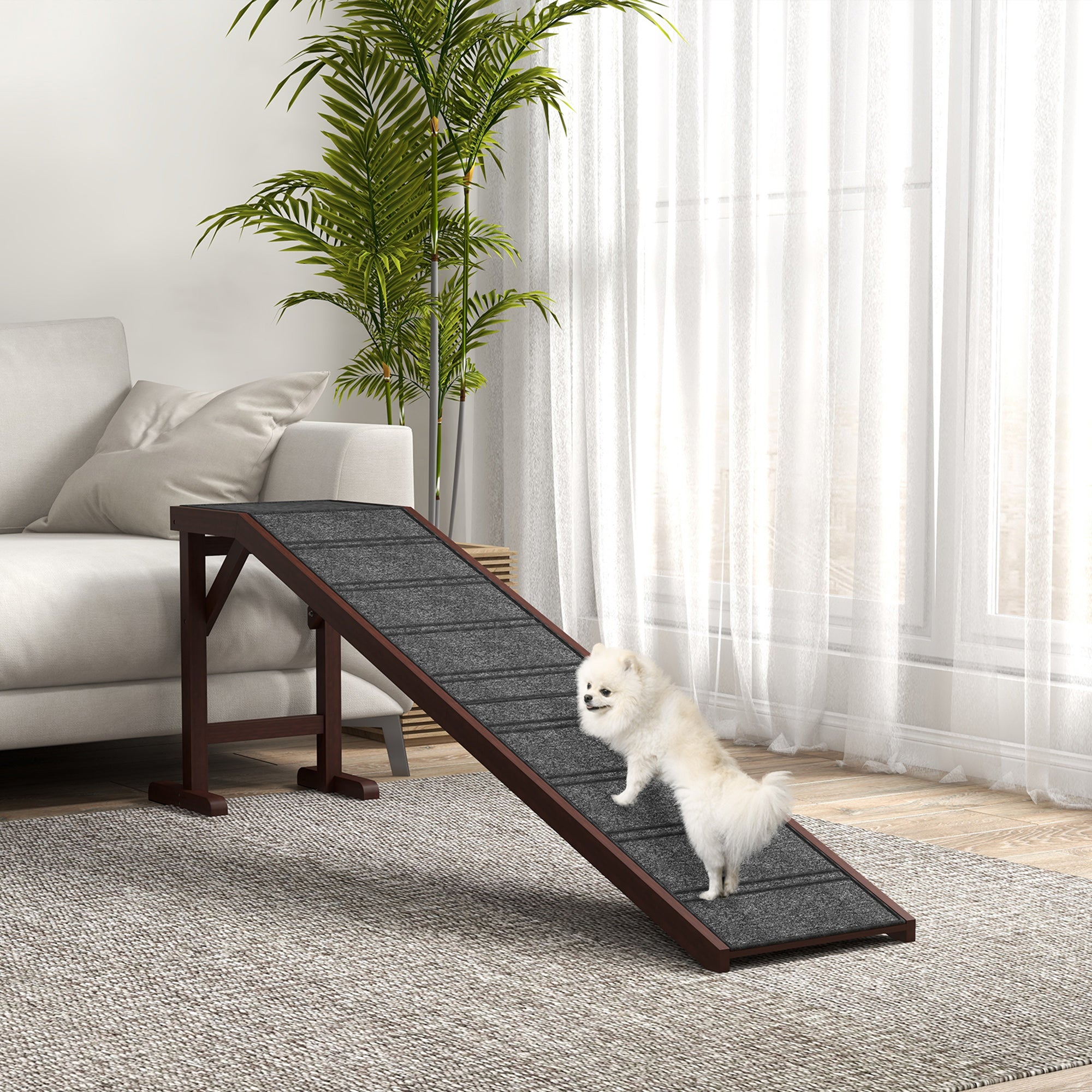 EasyClimb Wooden Pet Ramp with dark wood frame and gray non-slip carpet