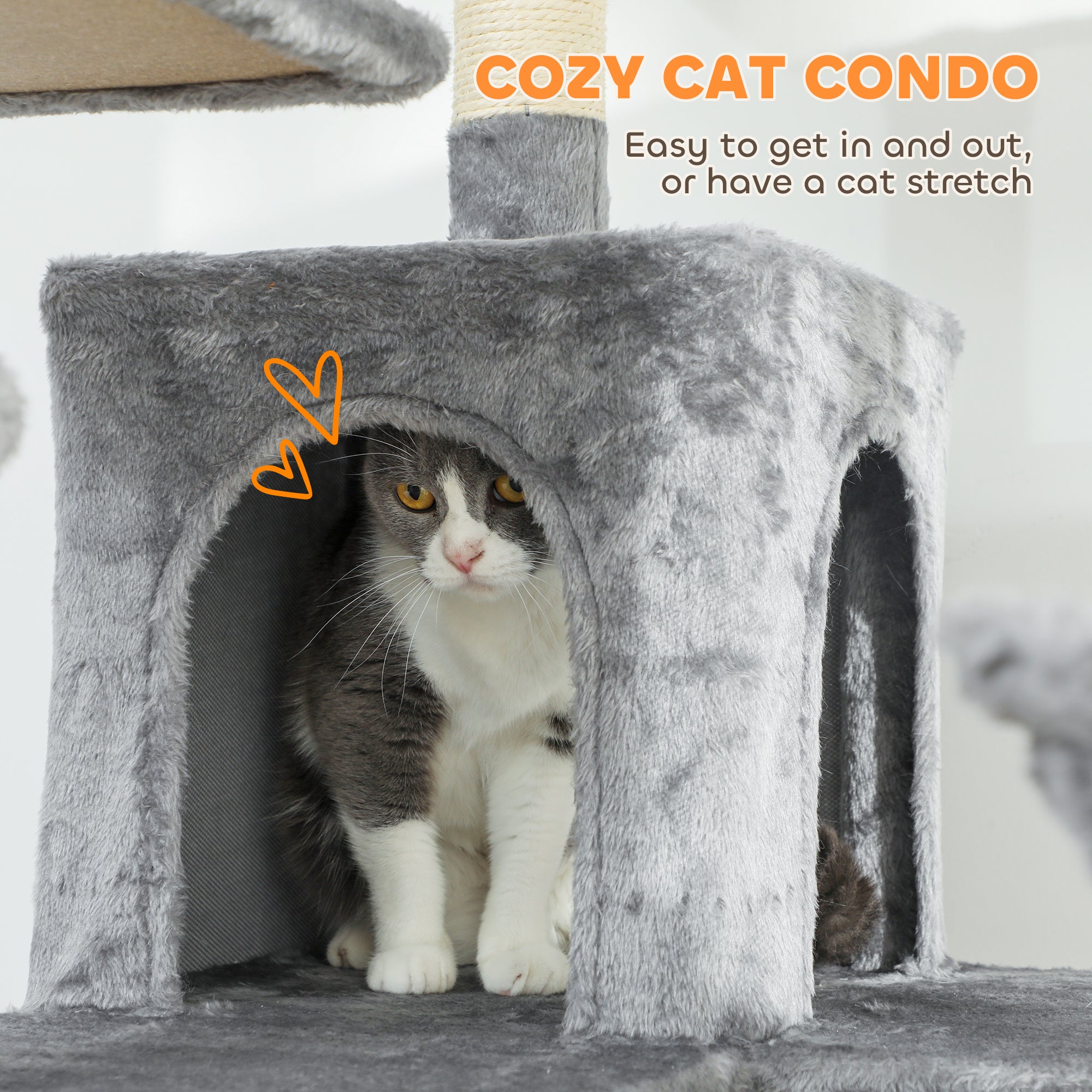 Gray plush condo with fuzzy texture on HarmonyTower 69’’ cat tree