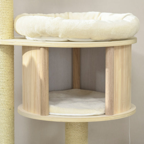 PlayNest 3-level cat tree with light wood, cream cushion and sisal posts