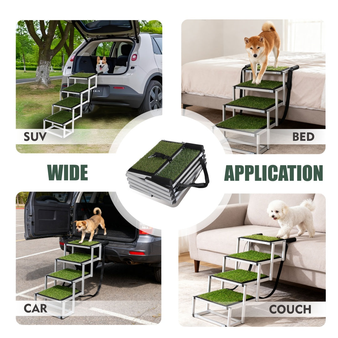 AutoStride Heavy-Duty portable pet staircase with grass steps, silver frame