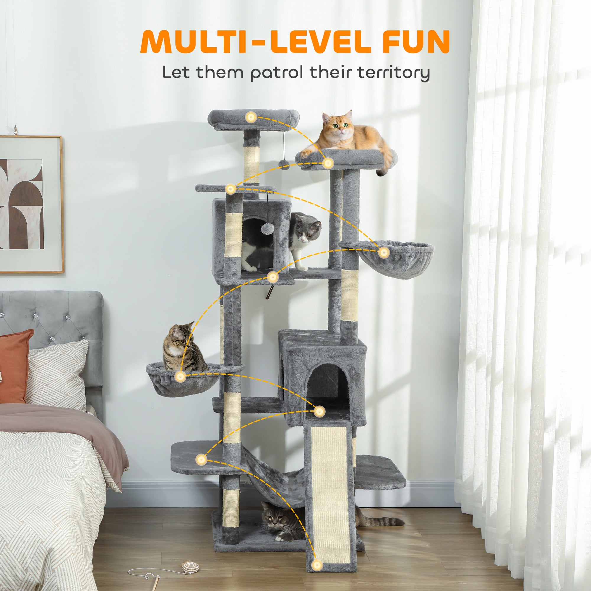 HarmonyTower 69’’ gray multi-level cat tree with sisal posts and plush platforms