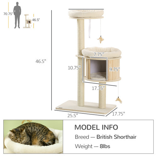 PlayNest 3-level beige cat tree with cushioned top and enclosed bed