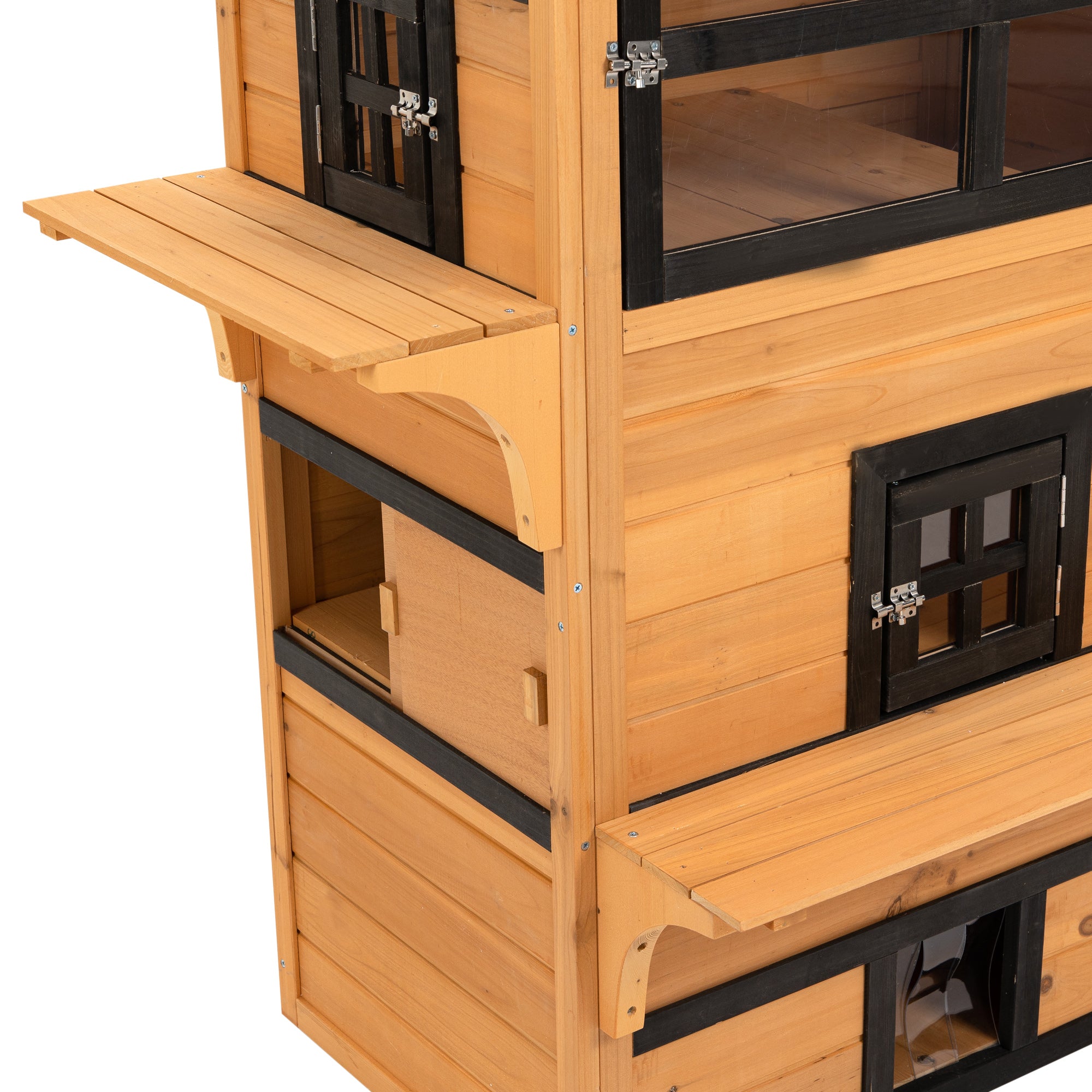 SunPaw 3-tier cat house back with multi-level wood coop, black windows