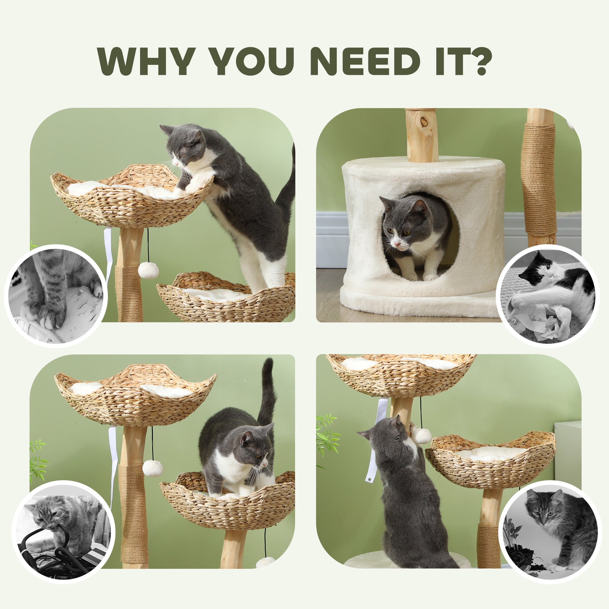 SafeWood 37’’ modern beige cat tree with wood posts and sisal scratching surfaces
