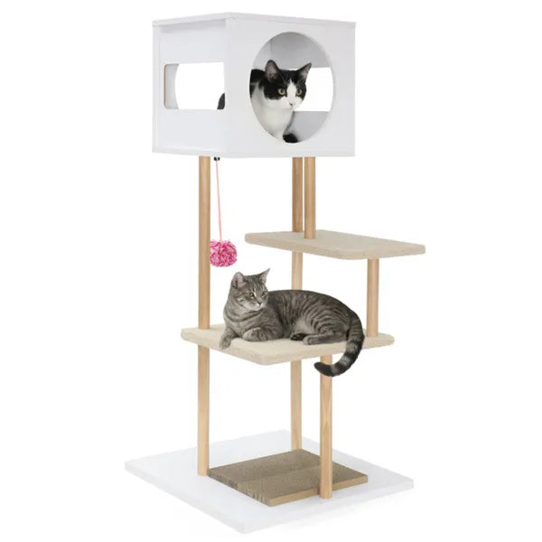 ClimbNest Multi-Level Cat Tree with white wood, circular perch, platforms, pink toy