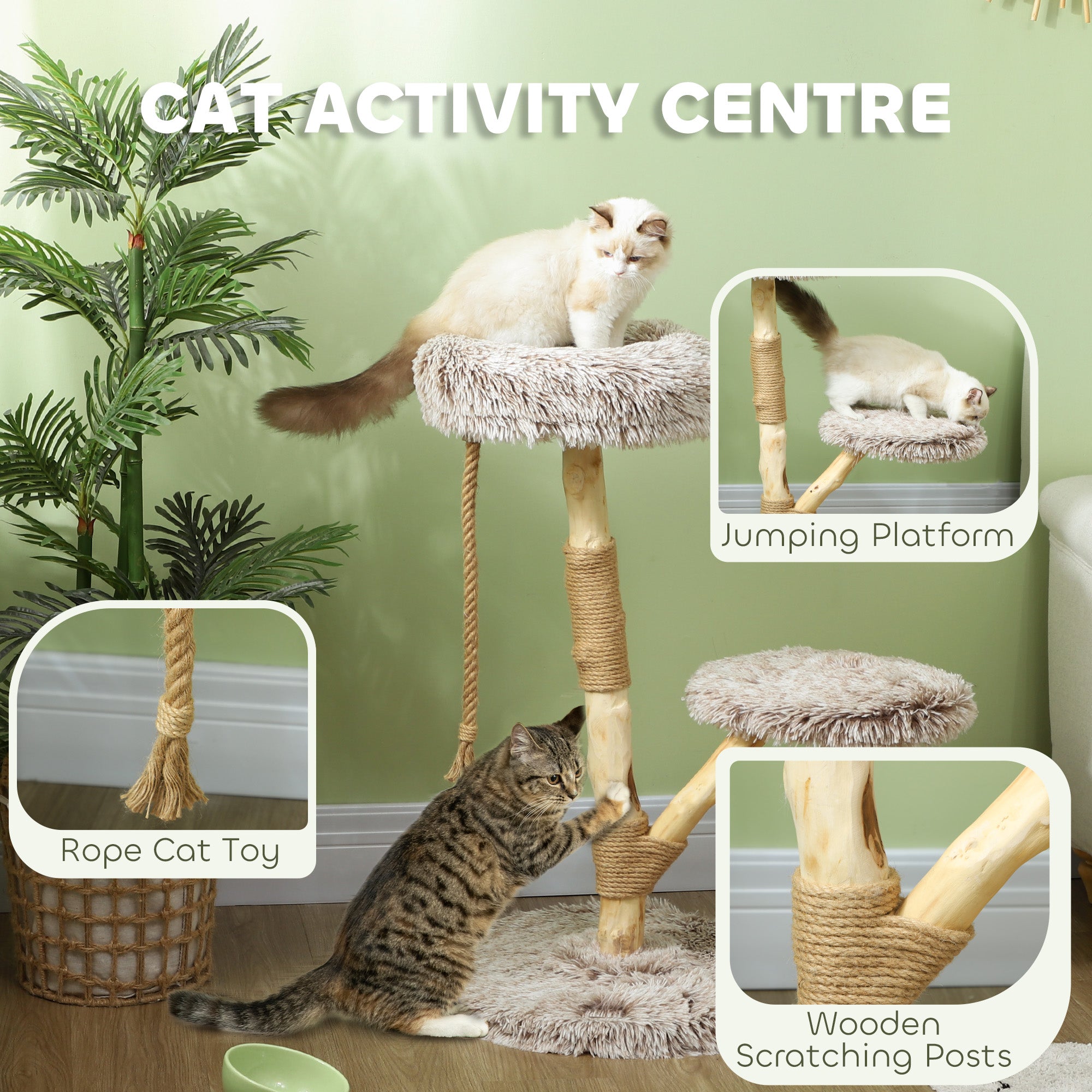 WoodClimb 35’’ beige plush cat tree with wooden posts and rope scratching surfaces