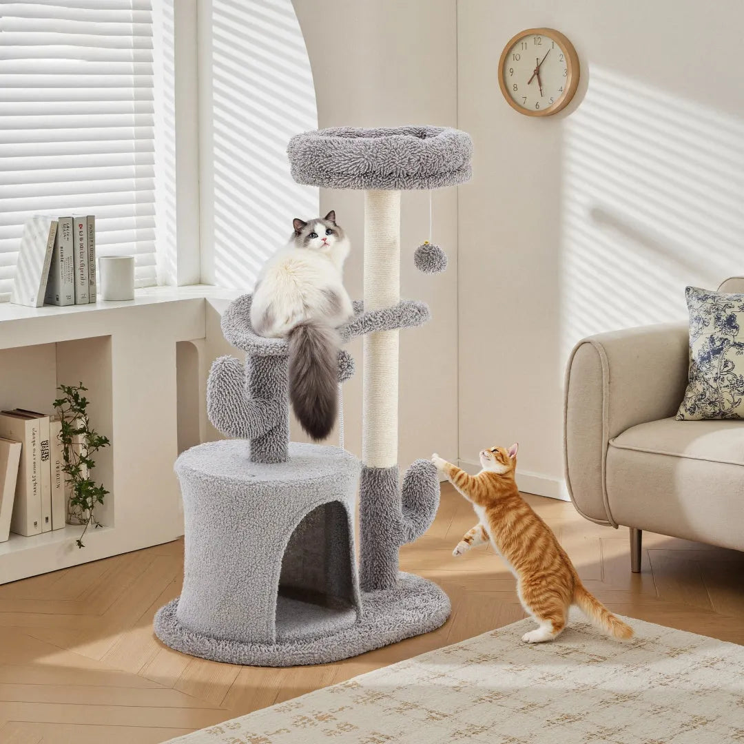Gray ClawNest cat tree with scratching post, platforms and curved bed
