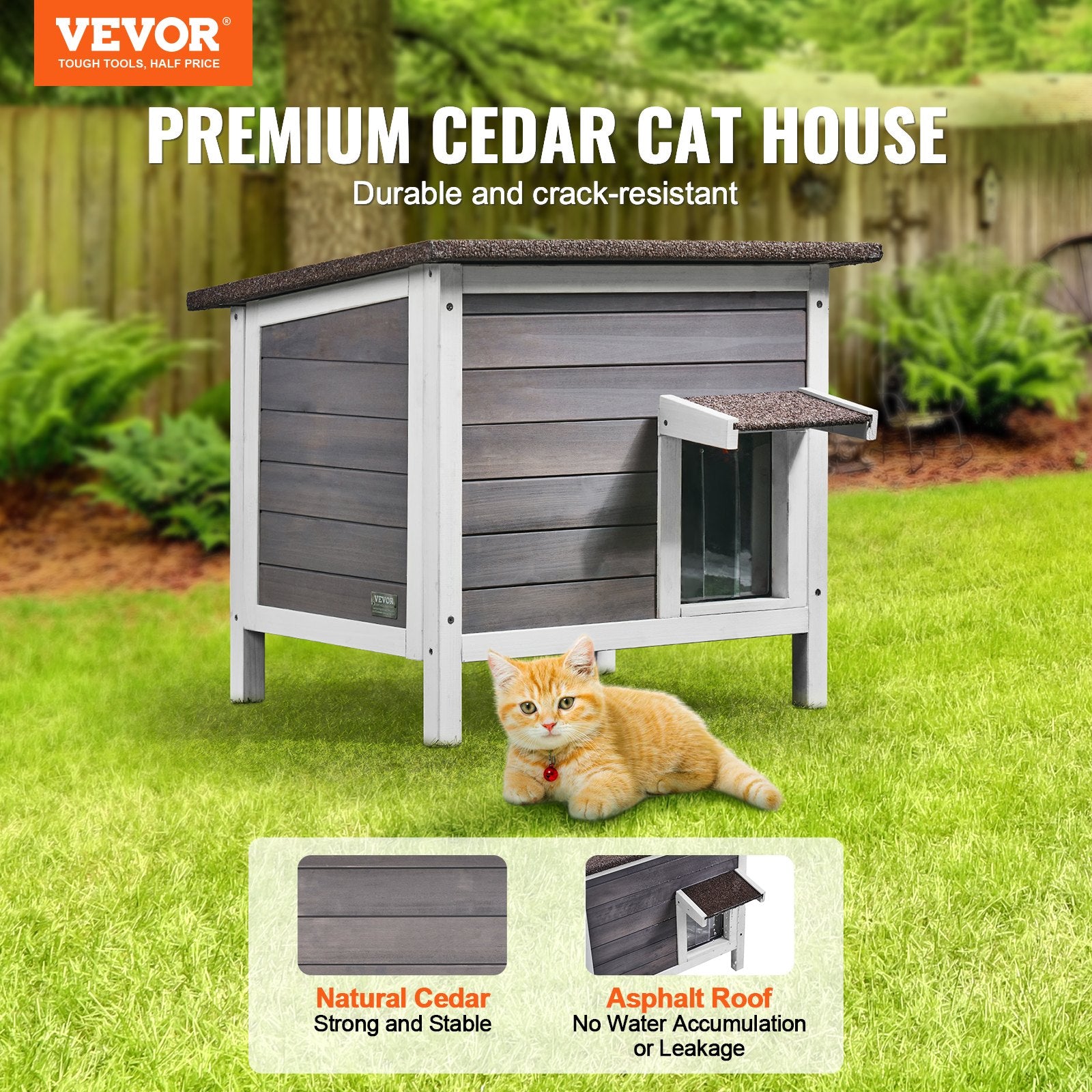 Gray WeatherHaven cedar cat house with asphalt roof, white trim, ramp