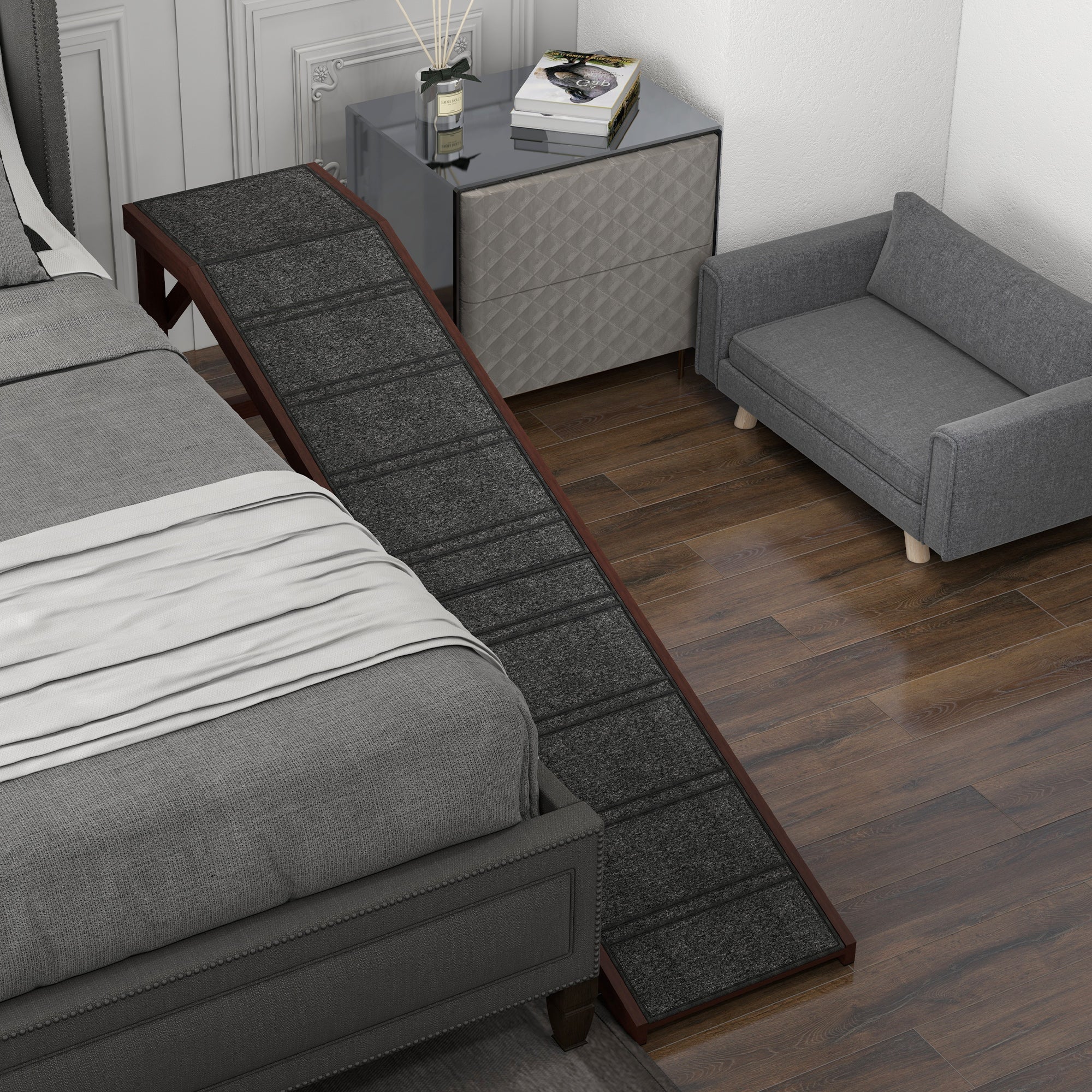 EasyClimb Wooden Pet Ramp with dark gray textured non-slip carpet