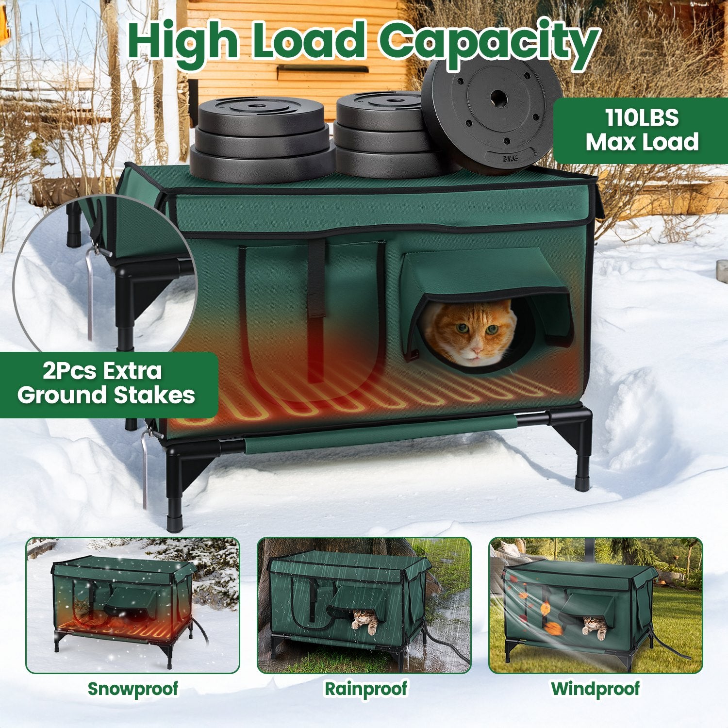 WarmHaven waterproof heated cat house with green fabric, black frame, wheels