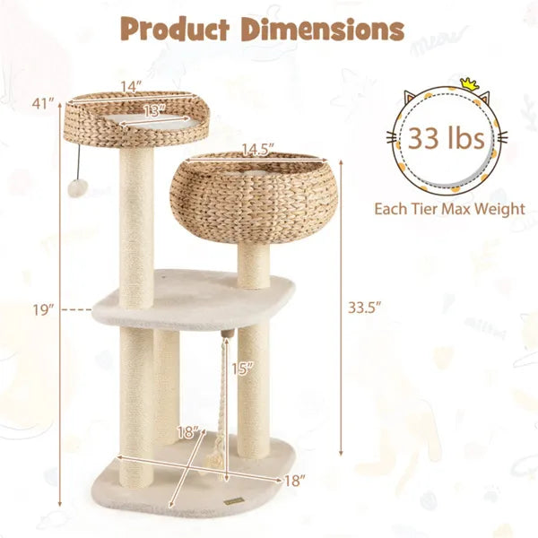 HyacinthClimb 41’’ white woven basket cat tree with sisal posts