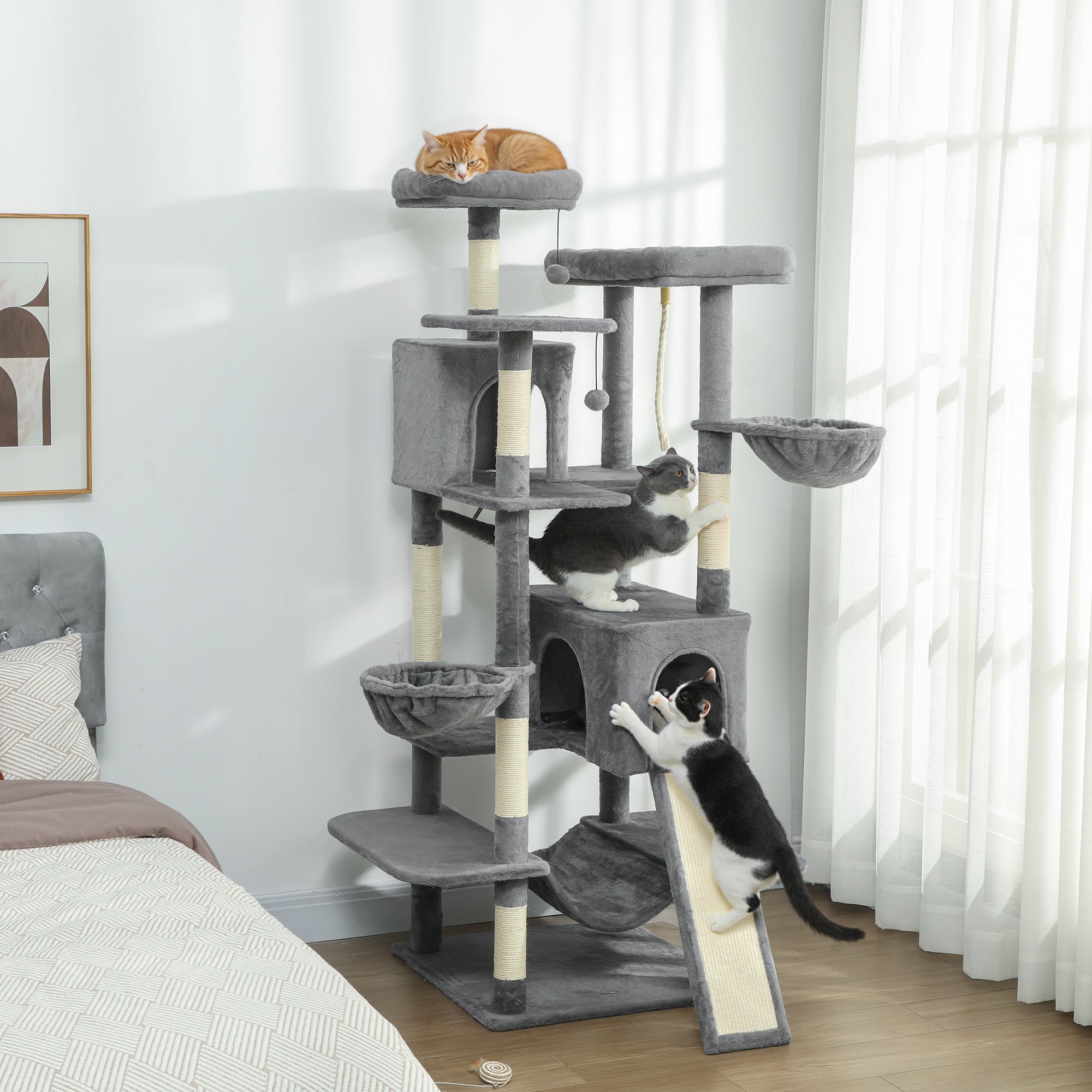 HarmonyTower 69’’ gray multi-level cat tree with sisal posts and plush platforms