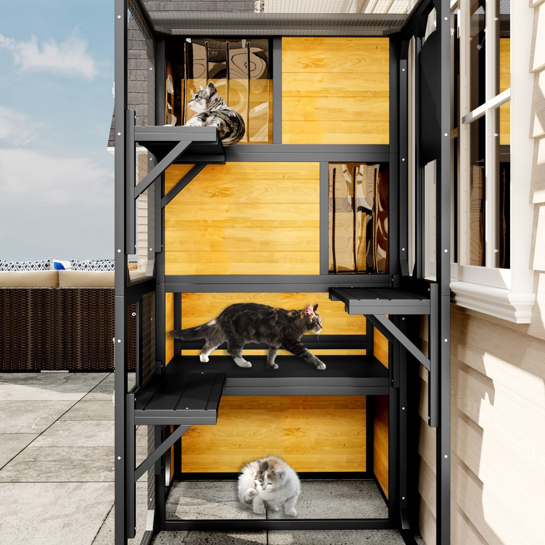 SunHaven Large 4-Tier Outdoor Catio with black frame, wood panels, mesh sides