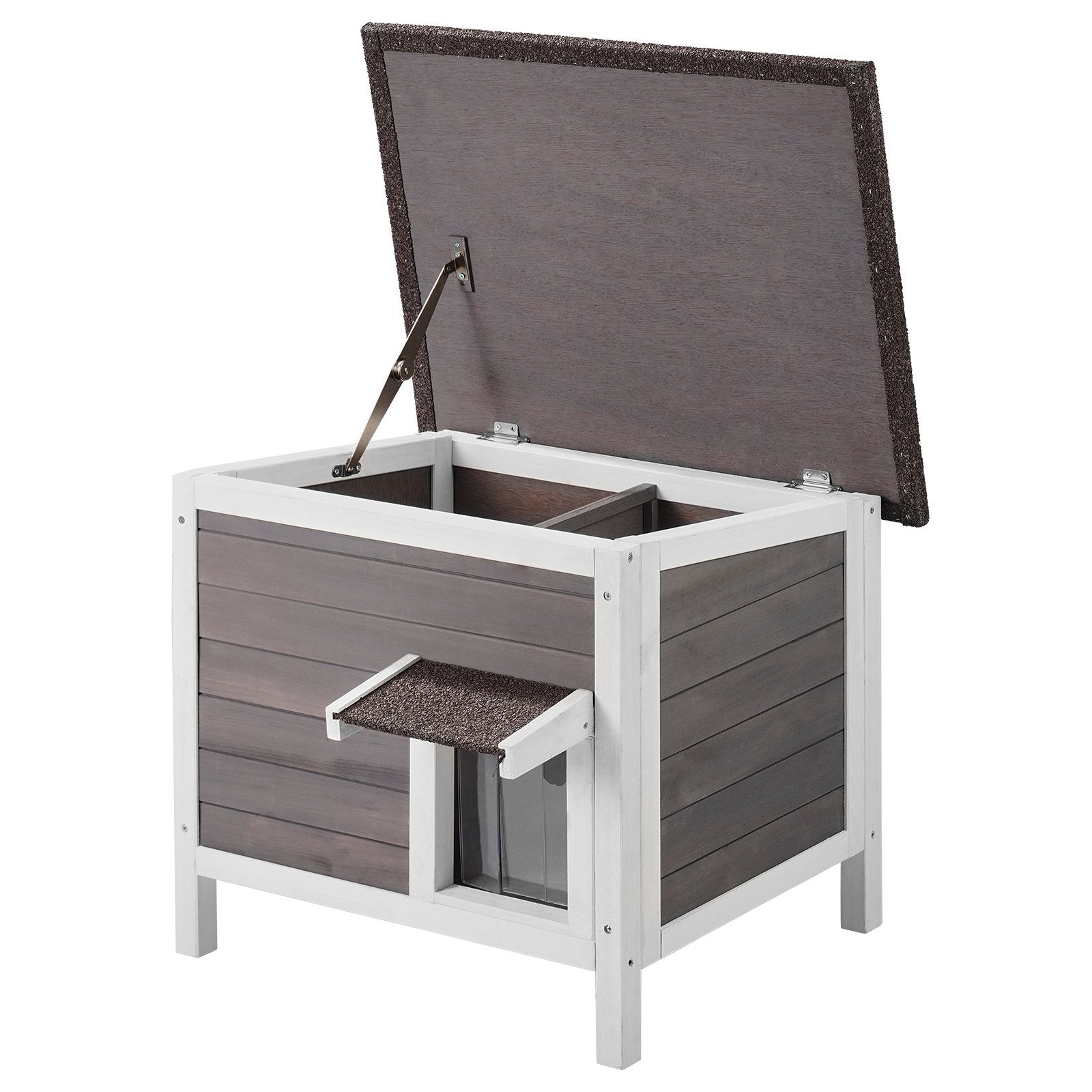 WeatherHaven gray white wooden cat house with hinged lid ramp storage