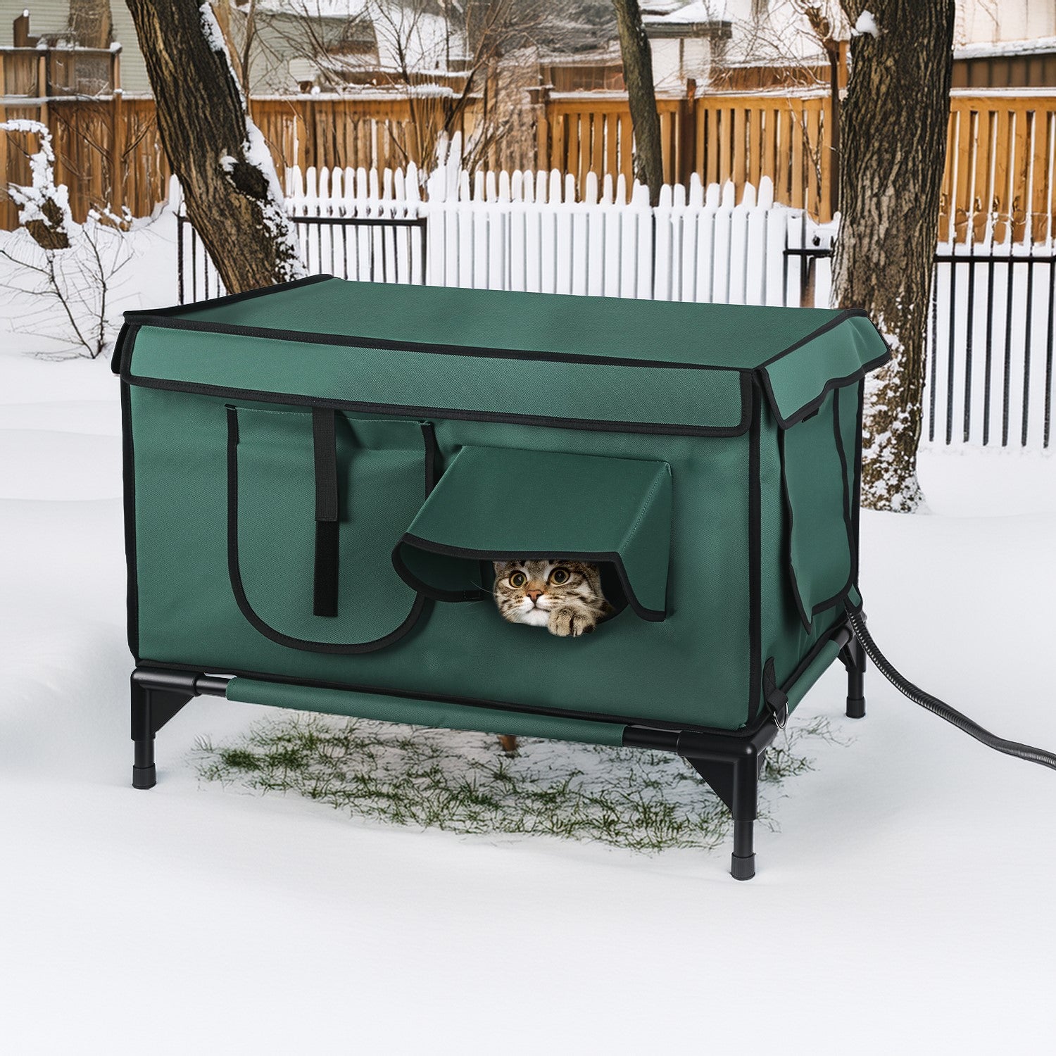 WarmHaven Waterproof Heated Cat House in green fabric with black trim