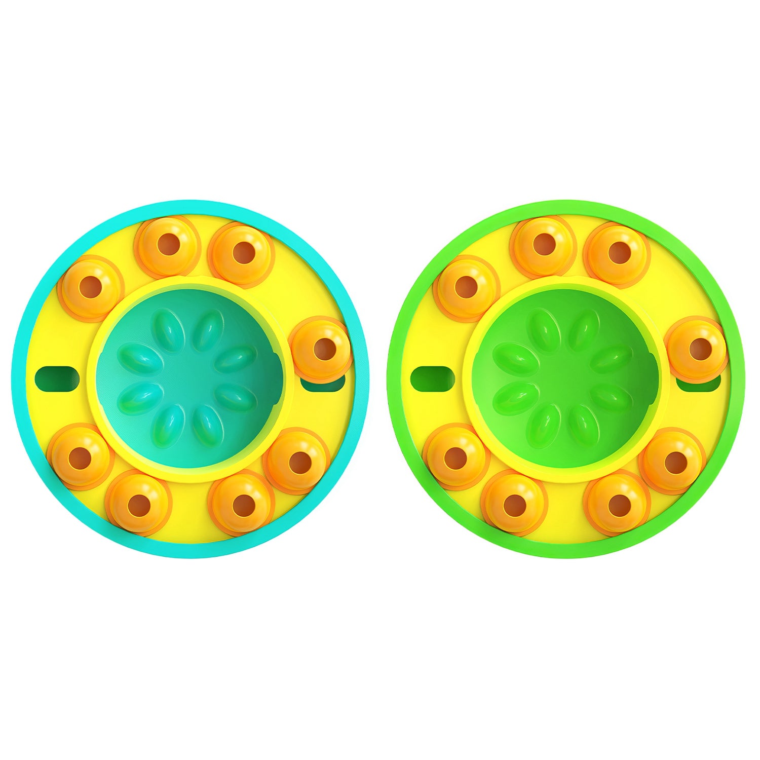 Two MindSpin colorful puzzle dog treat dispensers, teal-blue and green-lime