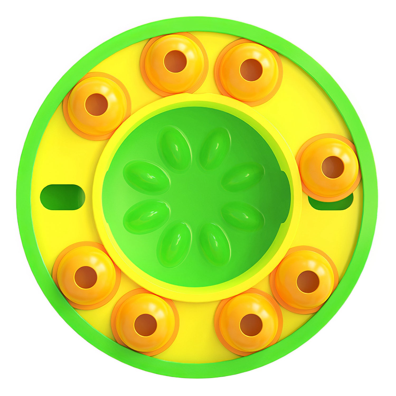 MindSpin puzzle food feeder: yellow green plastic toy with orange holes