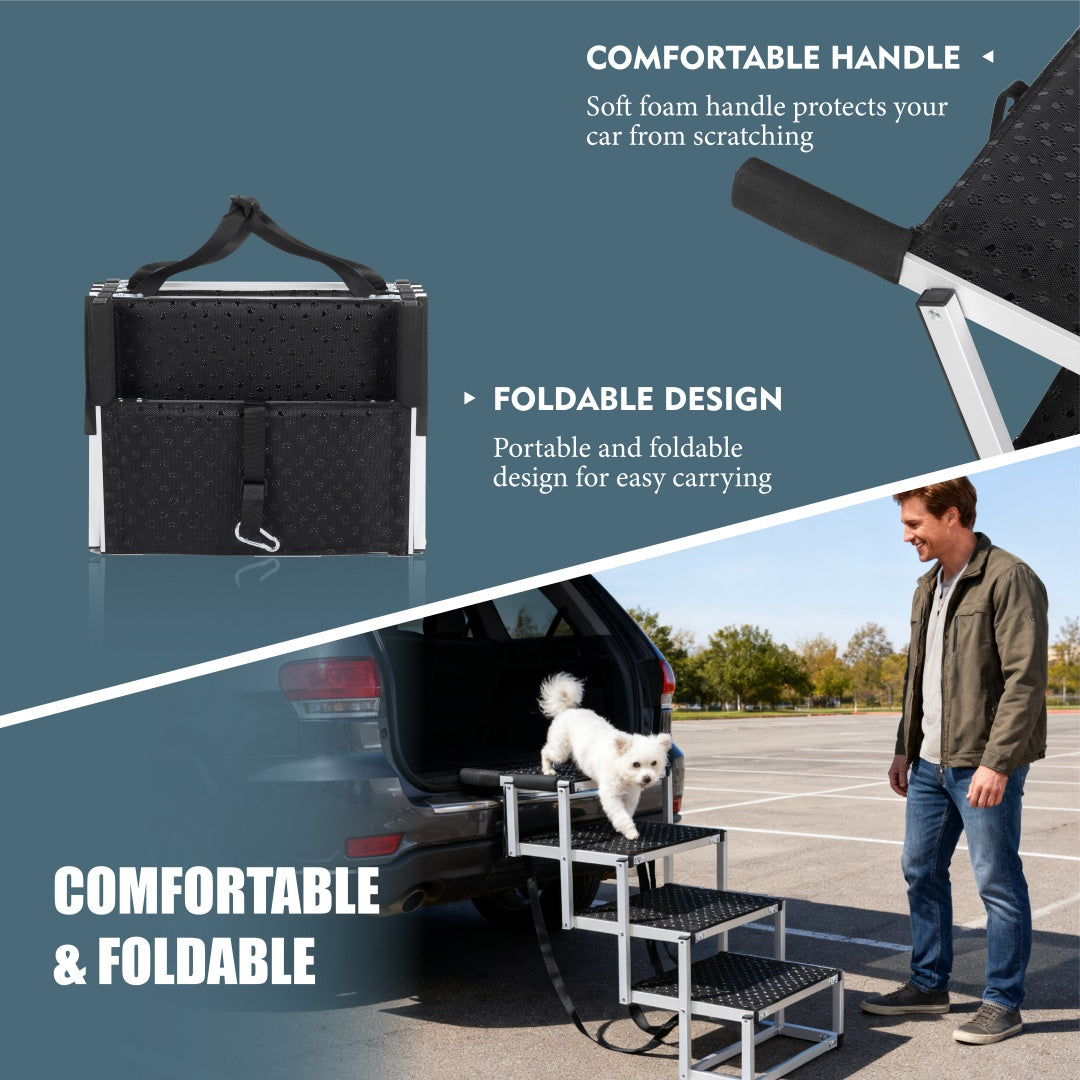 Black and silver AutoStride foldable pet staircase with non-slip steps