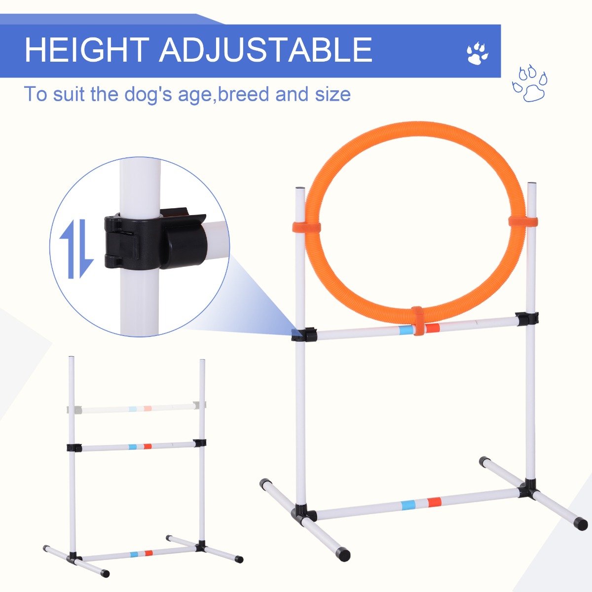 AgiliLoop adjustable white orange dog agility hoop height poles