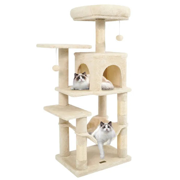 SkyLounge 44’’ beige multi-level cat tree with hammock, platforms and toys