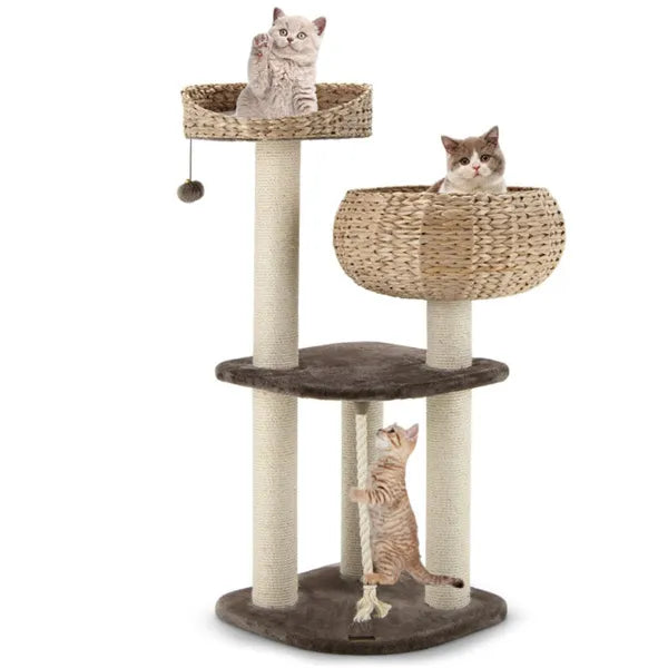 HyacinthClimb 41’’ beige woven wicker cat tree with sisal posts and ball toy
