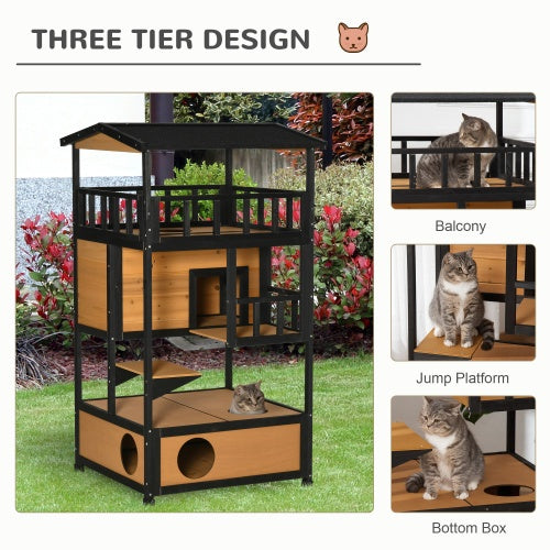WoodHaven Wooden Outdoor Cat House: black light wood 3-tier with balcony platform