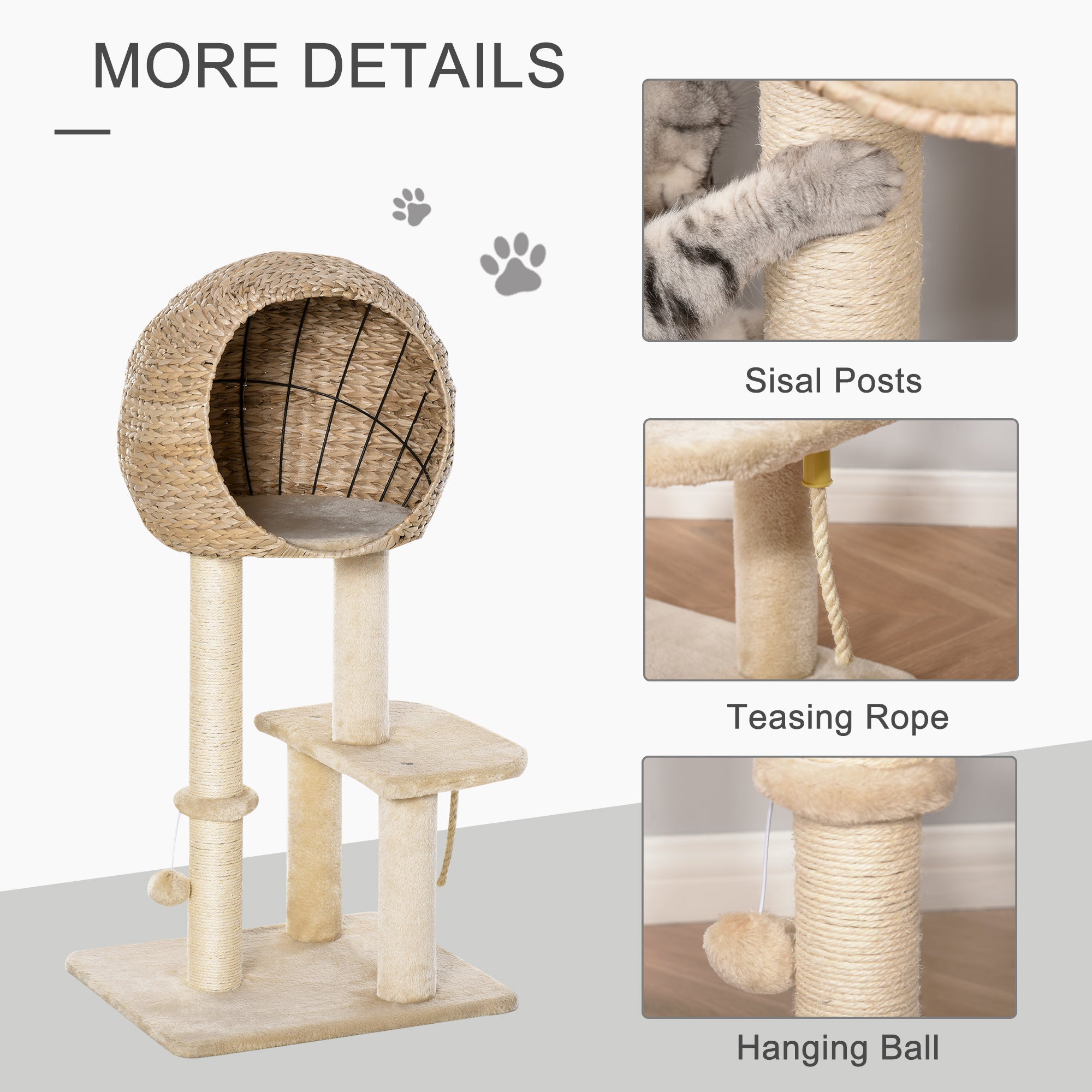 CozyClimb 39’’ beige woven cat tree with wicker condo, sisal posts, toys
