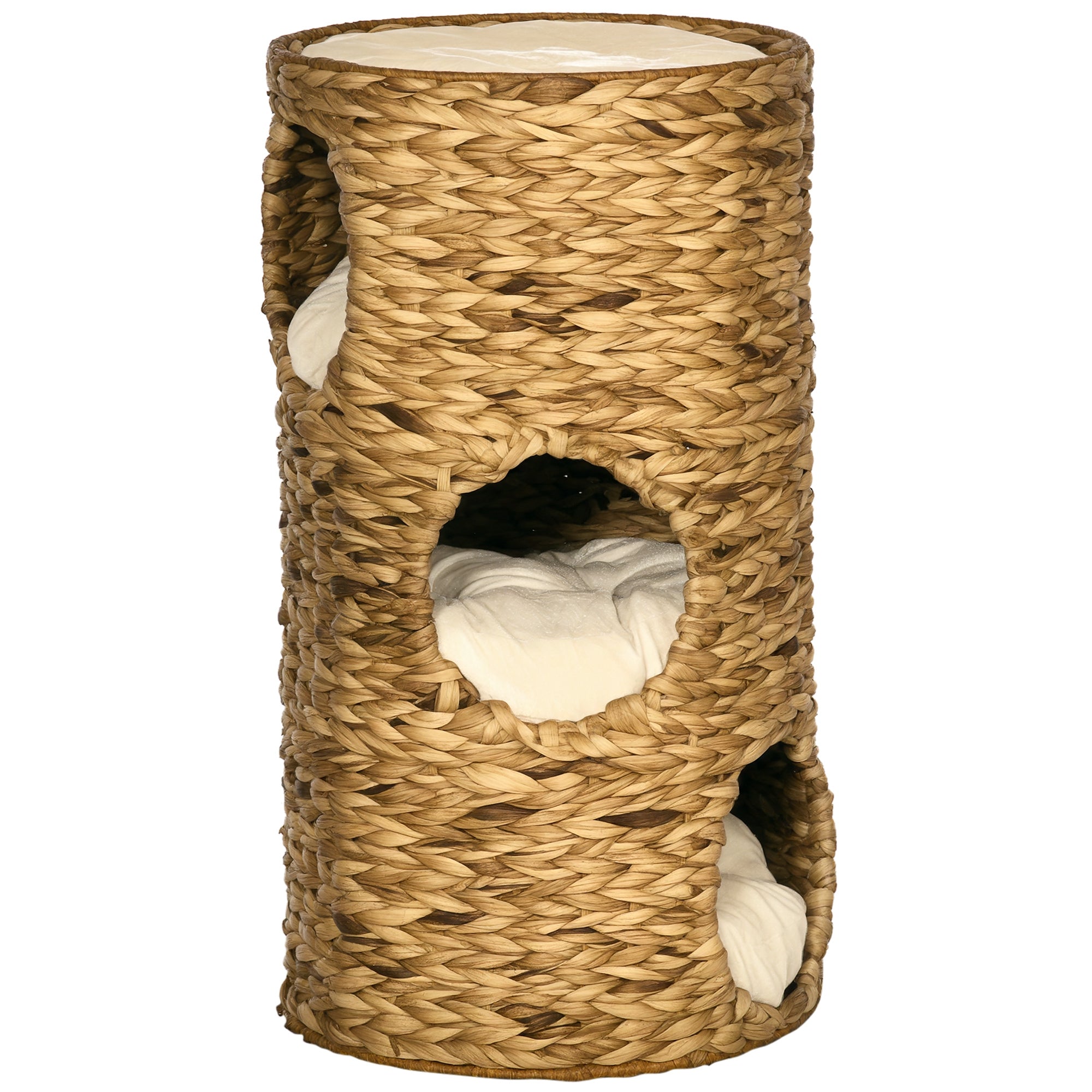 StackNest Elevated Cat Bed Tower: tall woven fiber cylinder with cozy white hideaways