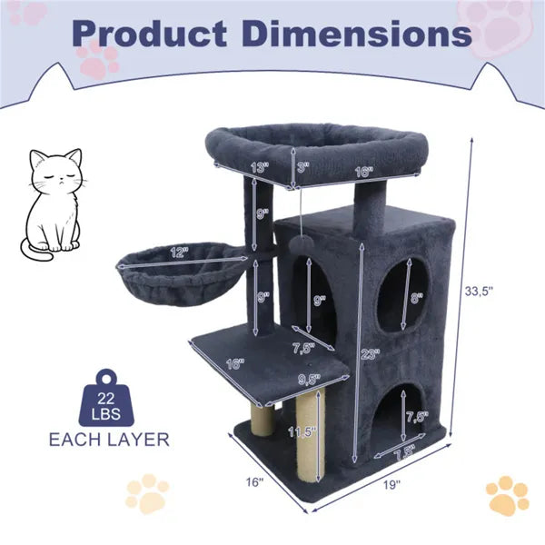 ClimbNest 33.5’’ dark gray multi-level cat tree with plush top, hammock, condo