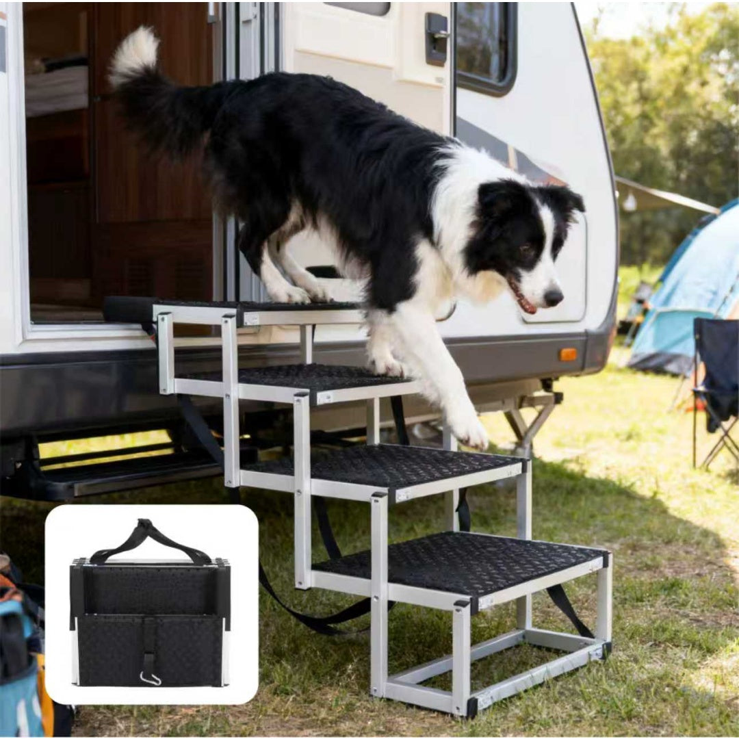Silver aluminum AutoStride pet ramp with black non-slip steps