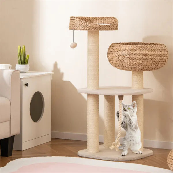 HyacinthClimb 41’’ white woven cat tree with sisal posts, rope toy, dangling ball