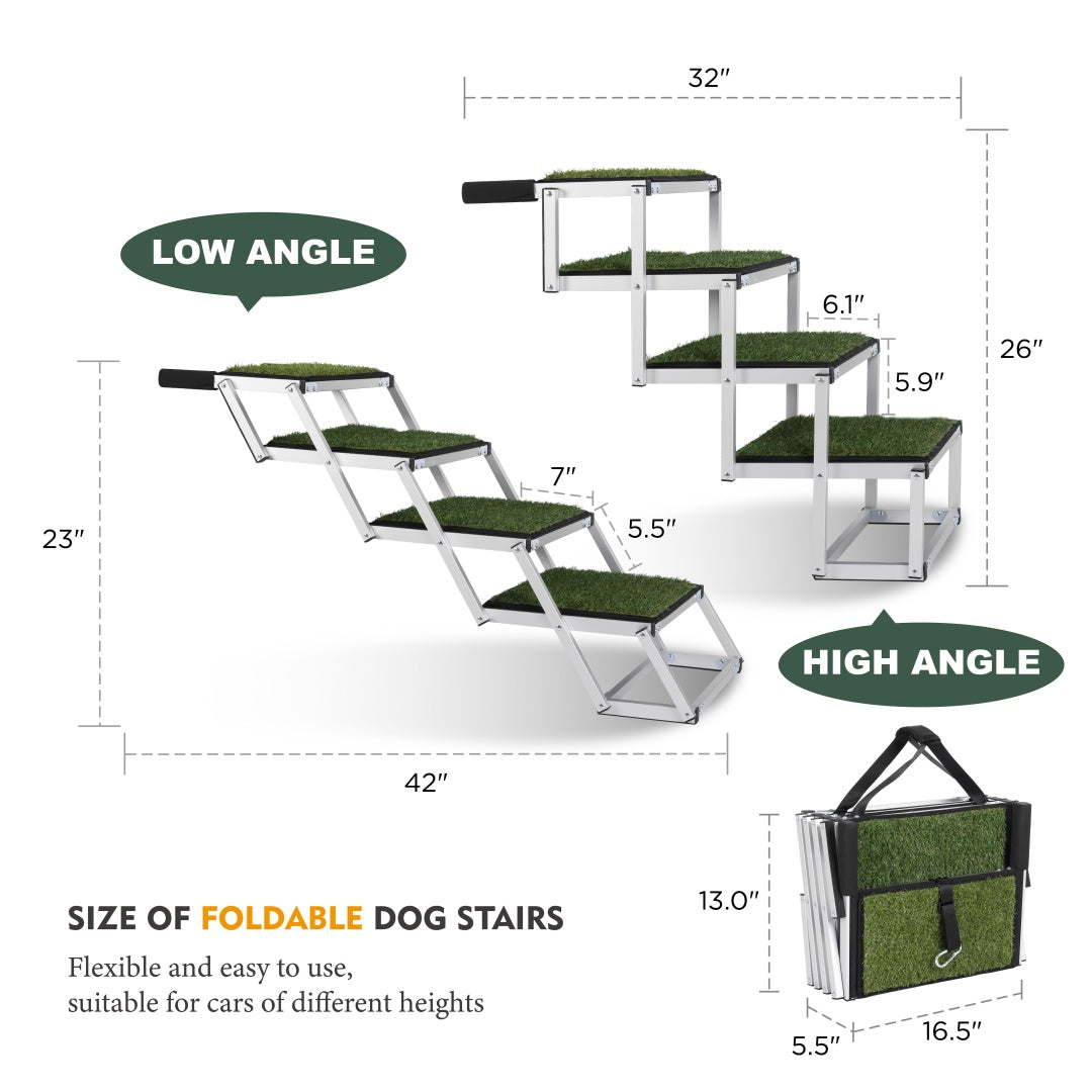 AutoStride Heavy-Duty Foldable Dog Ramp with silver frame, green grass steps, black handles