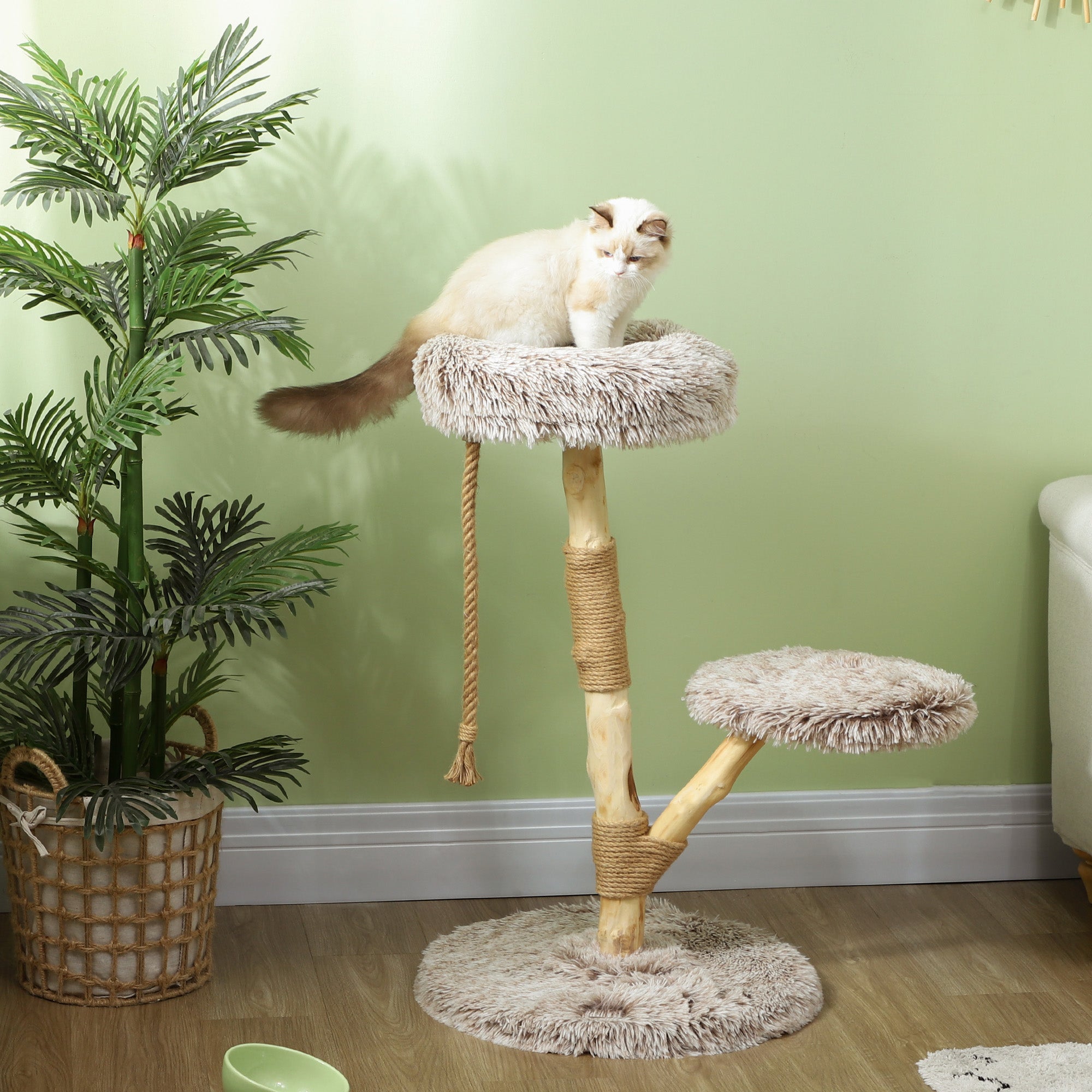 WoodClimb 35’’ modern cat tree with beige plush fur, wood base, rope posts