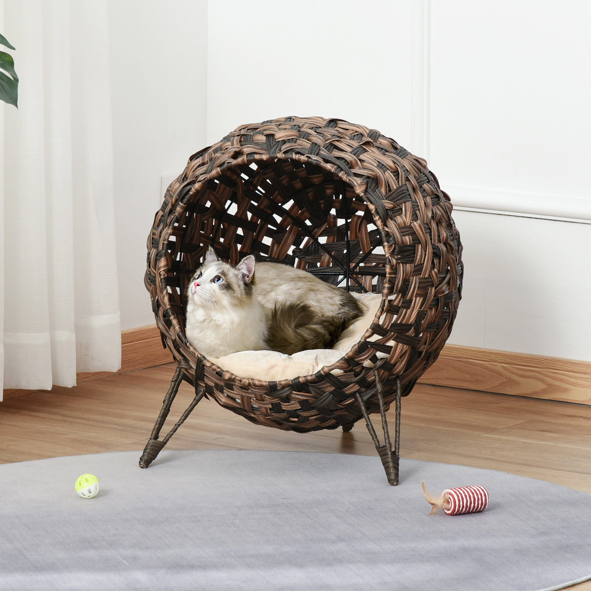LeafNest 20.5’’ hand-woven elevated cat bed with cozy wicker house and metal legs
