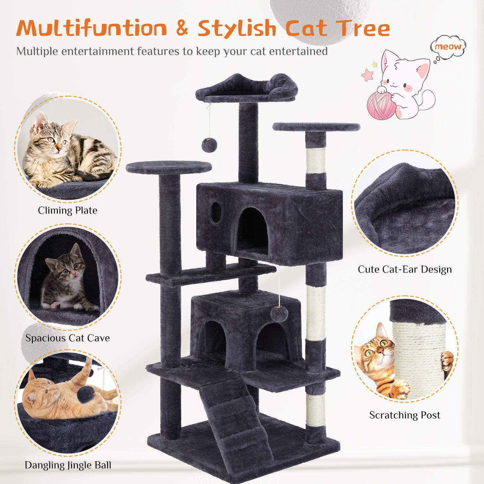 ClimbNest dark gray cat tree with plush surfaces, posts, cat-ear design