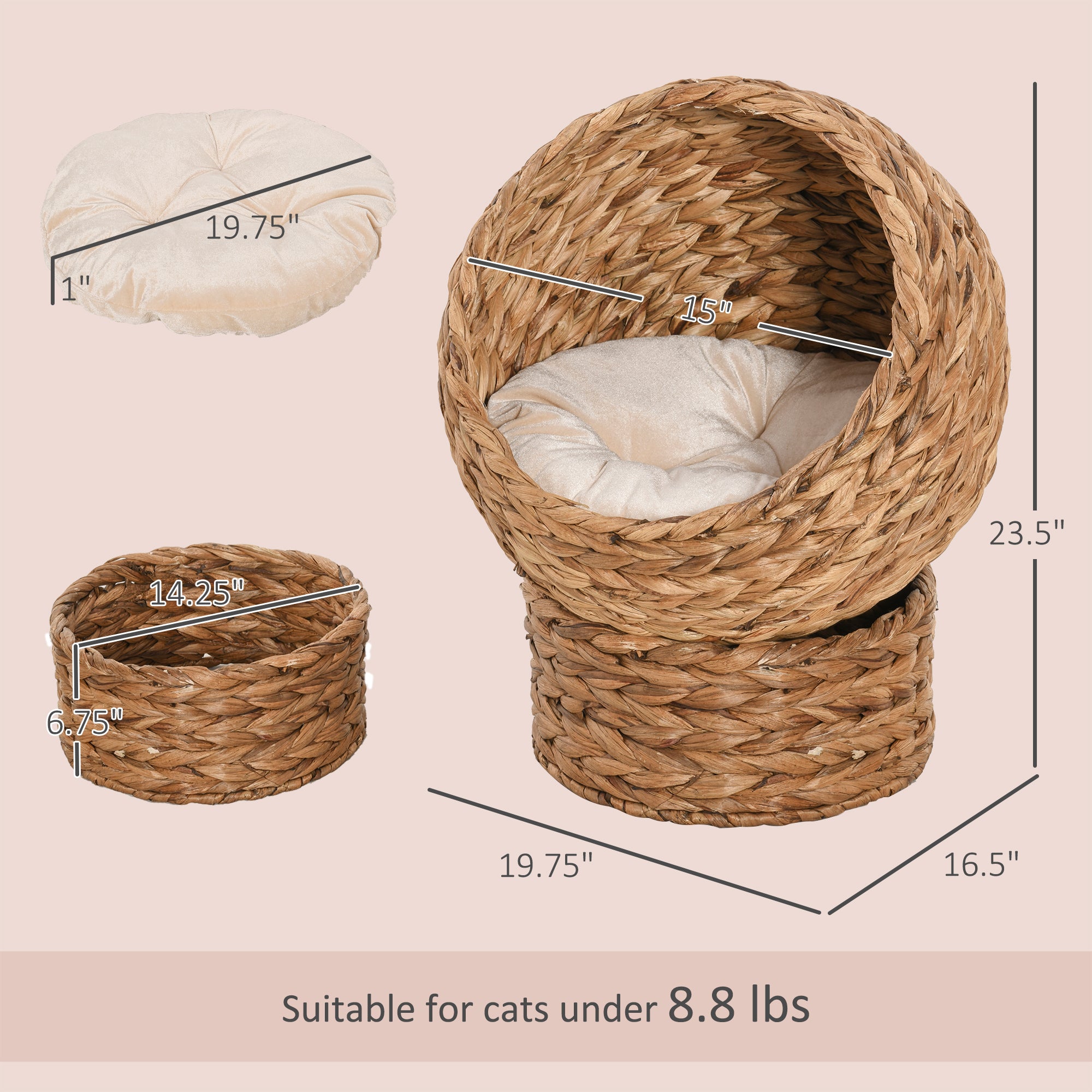 EggNest Handwoven elevated cat bed with cozy cream cushion