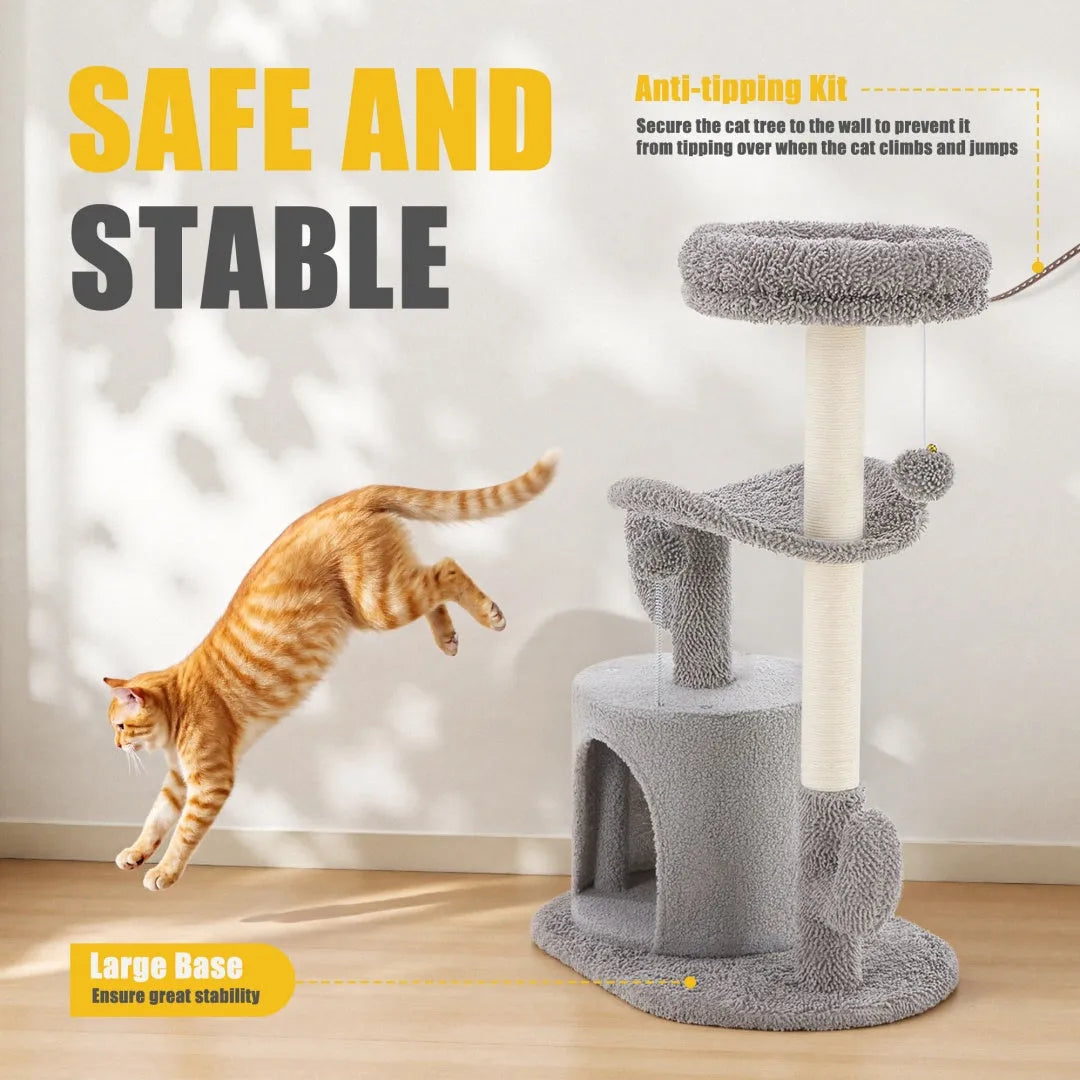 Gray ClawNest cat tree with sturdy base, scratching posts and curved bed