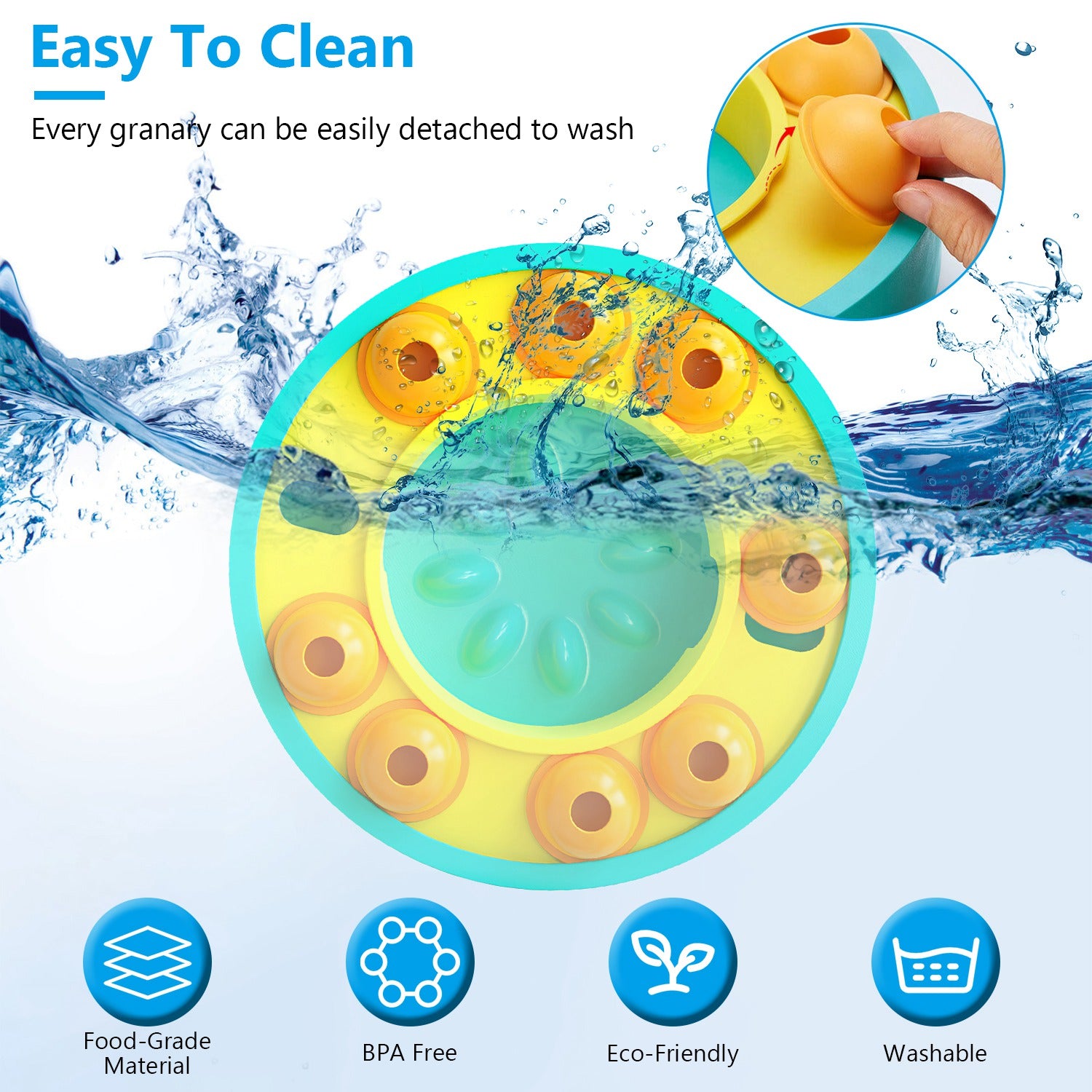 MindSpin Puzzle Food Feeder: yellow teal toy with orange granary pieces