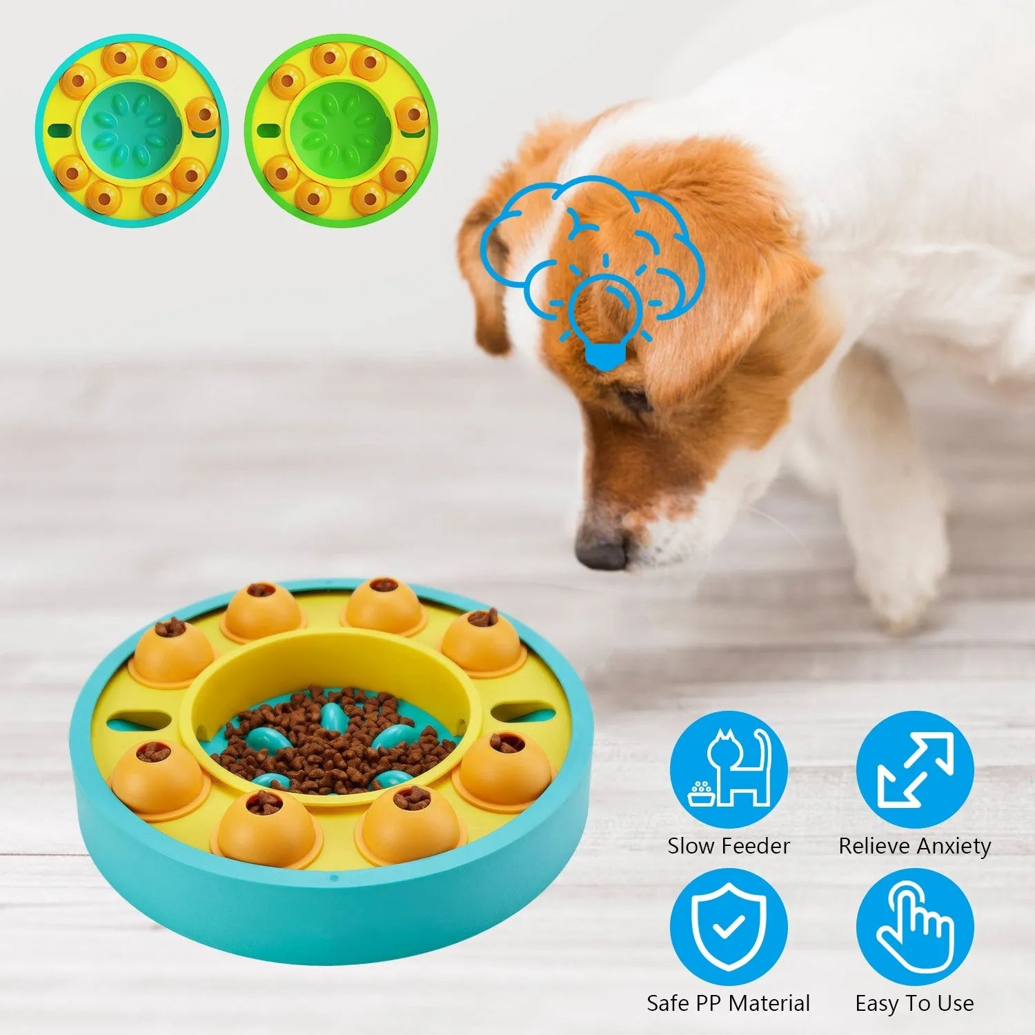 MindSpin puzzle feeder with teal bowl of kibble and orange yellow domes