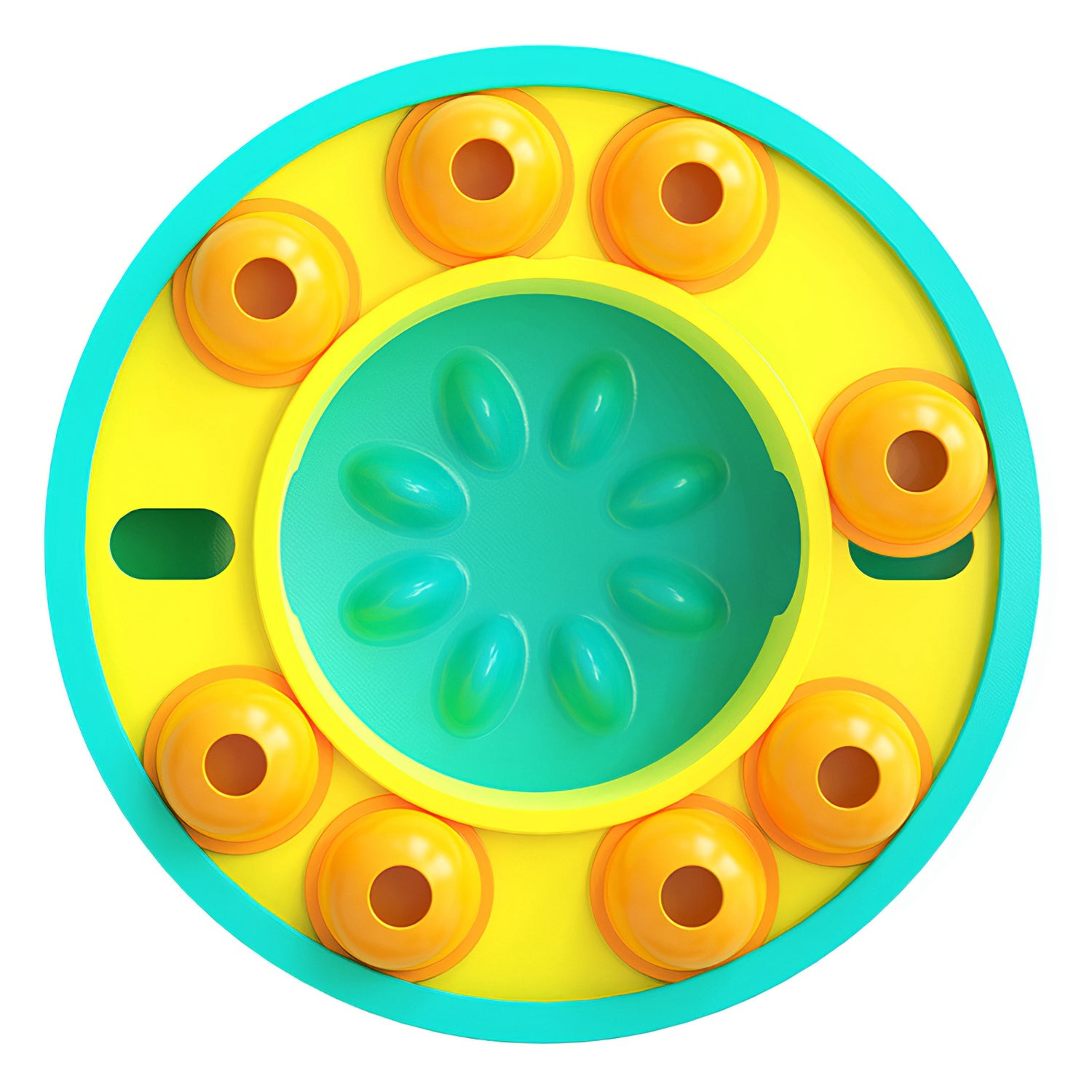 MindSpin Puzzle Food Feeder in bright yellow teal with orange suction cups