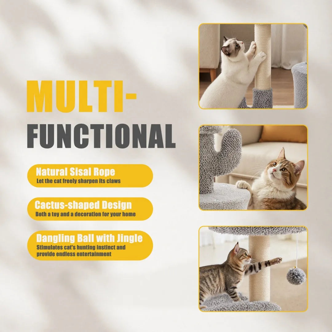 ClawNest cat tree with cactus shape, sisal posts and jingle ball