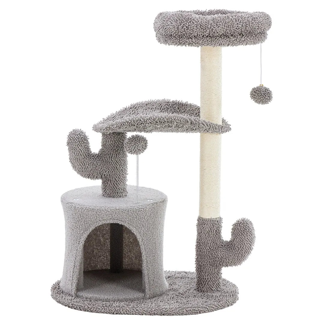 Gray ClawNest cat tree with plush cactus design, scratching post and cozy platforms