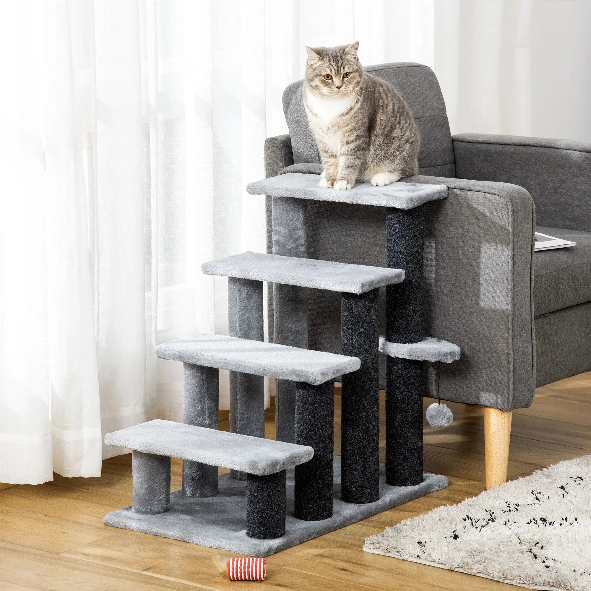 StepClimb cat stairs tree with gray carpeted steps and scratching posts