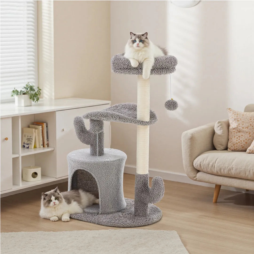 Gray ClawNest cat tree with scratching post, platforms, curved bed